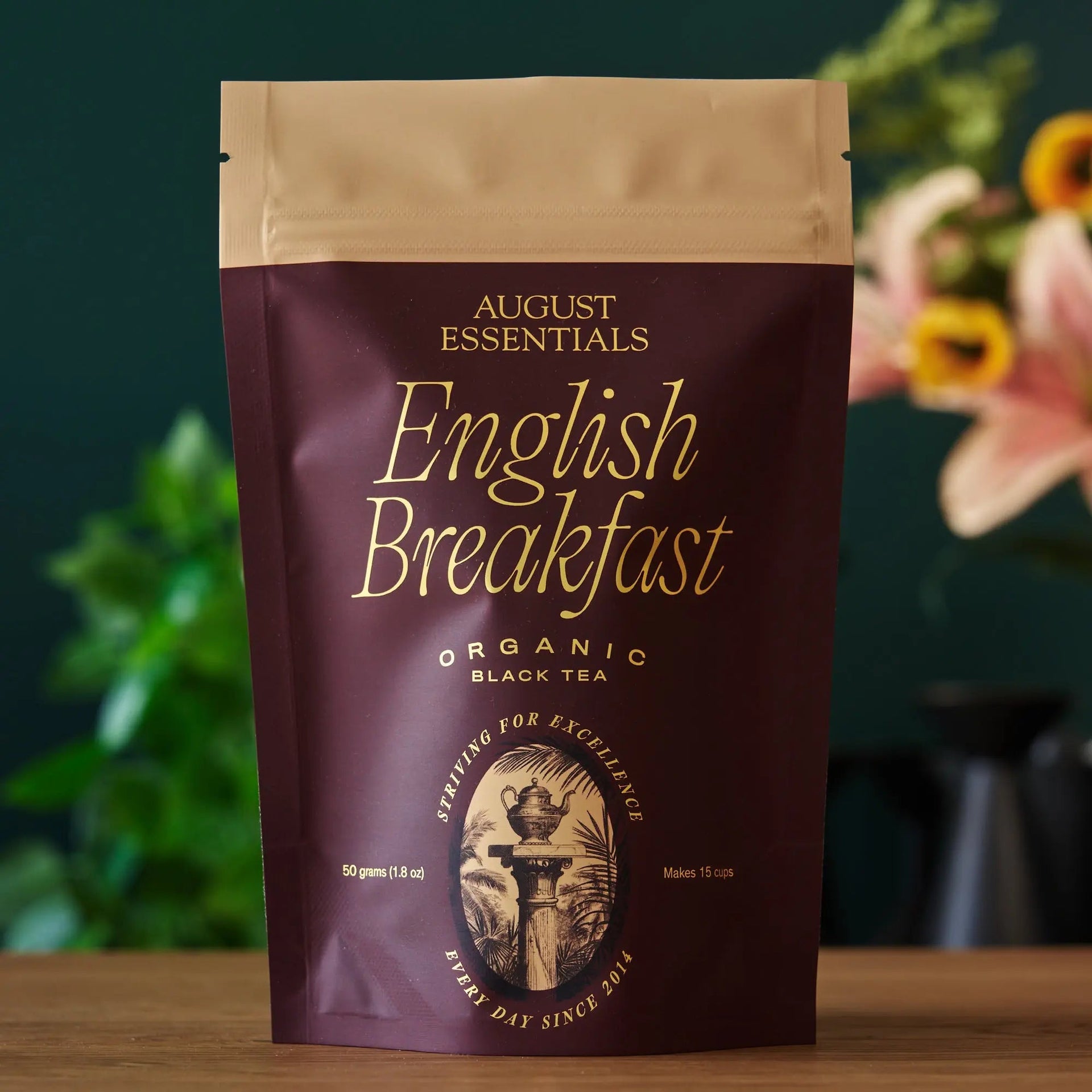 A dark brown pouch of August Uncommon Tea Essentials English Breakfast loose leaf tea, 50 grams.