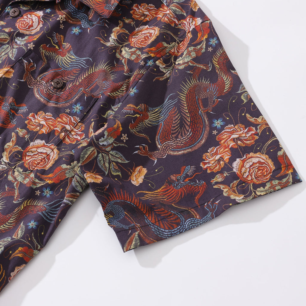 Men's Embroidered Style Dragon Hawaiian Camp Collar Shirt