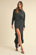 Black backless evening dress with an asymmetric ruffle hem