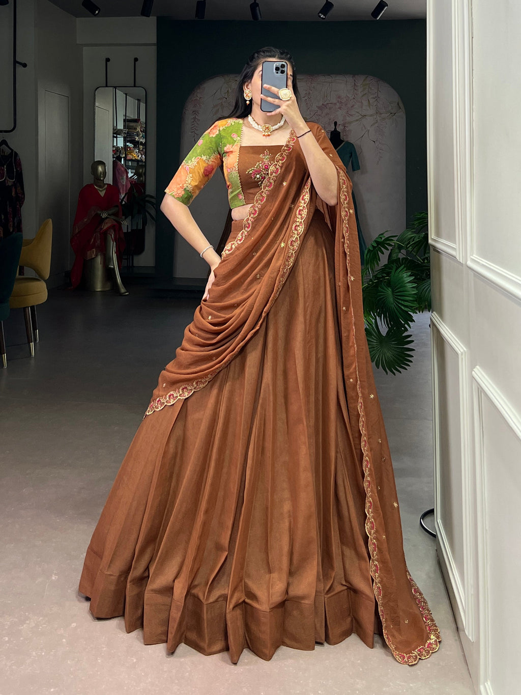 Brown chocolate-colored crush silk lehenga choli with a plain, textured aesthetic.