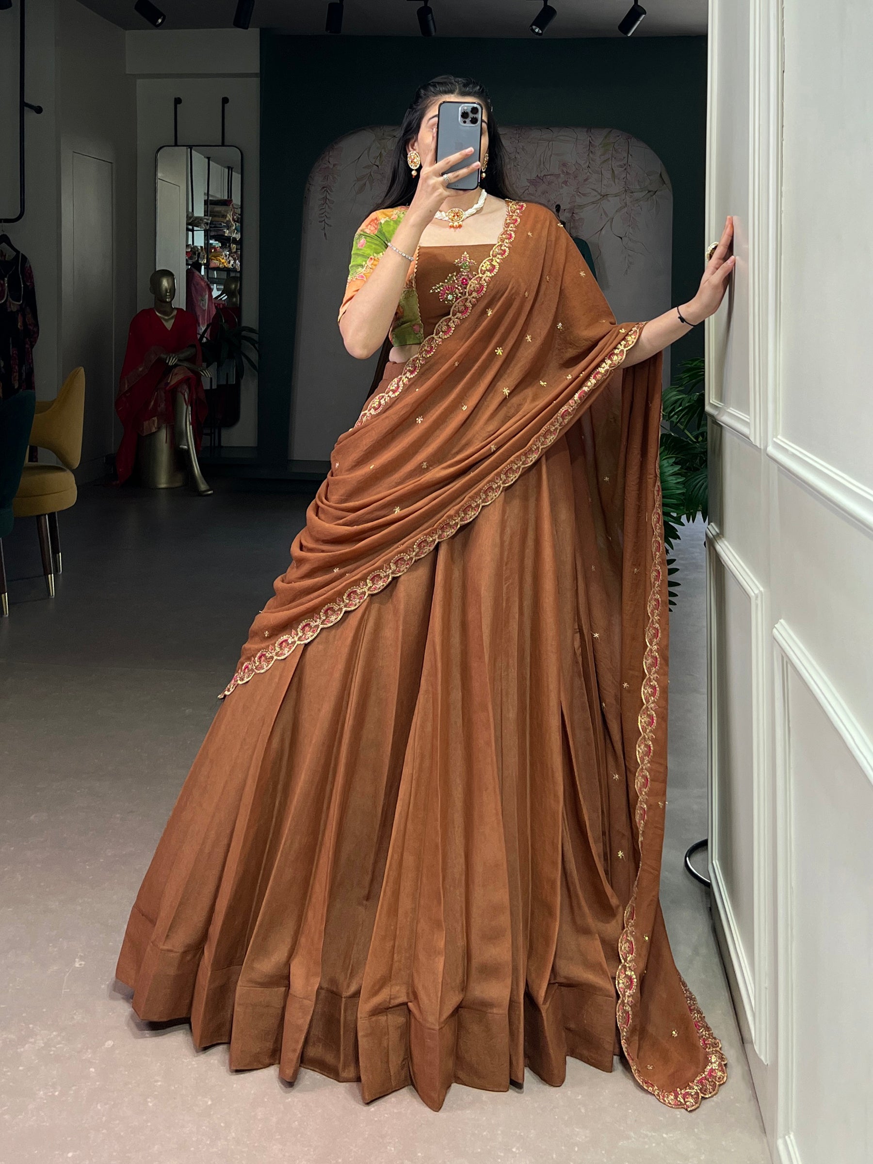 Brown Chocolate Crush Silk Plain Lehenga Choli Set