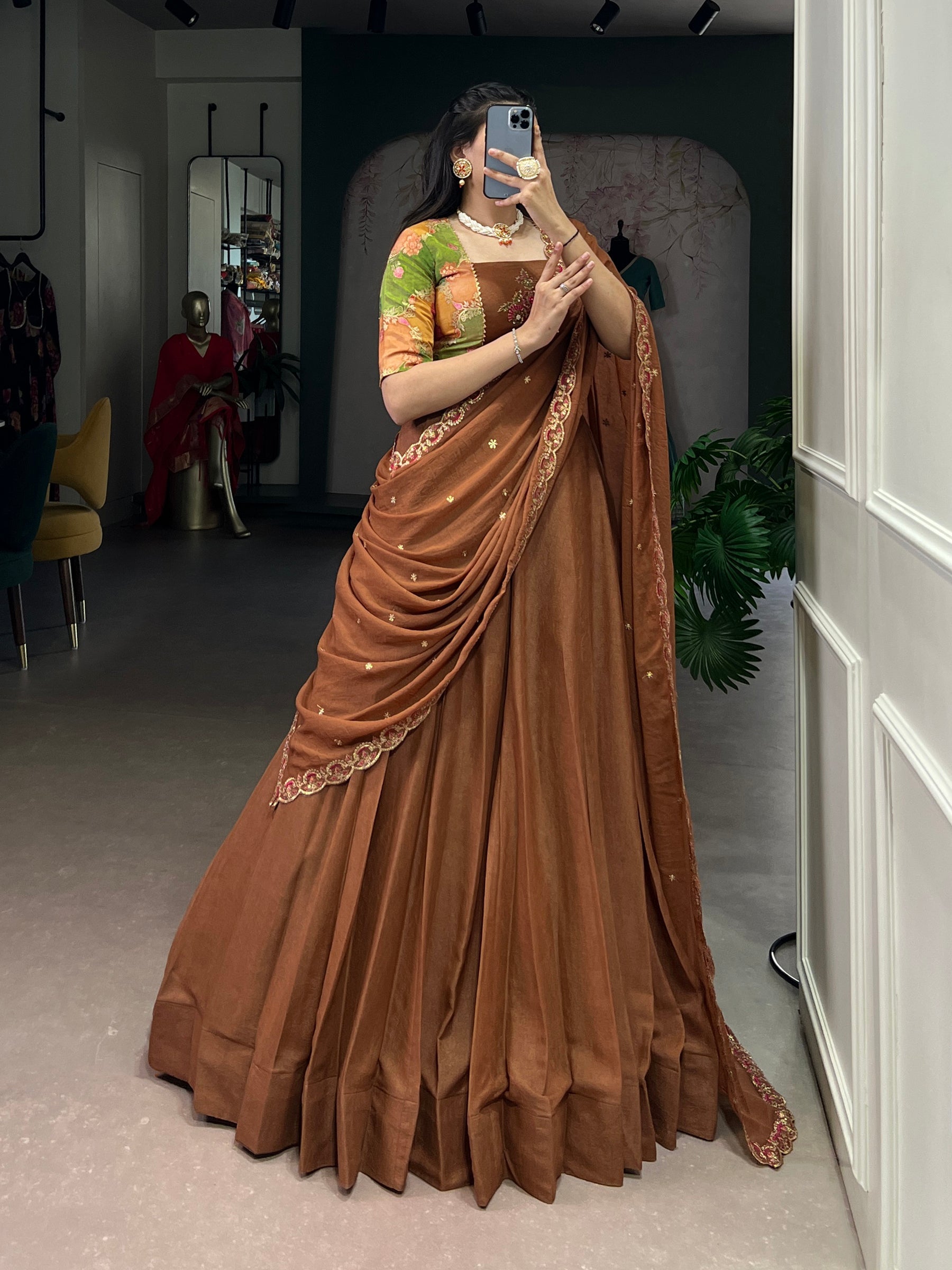 Brown Chocolate Crush Silk Plain Lehenga Choli Set