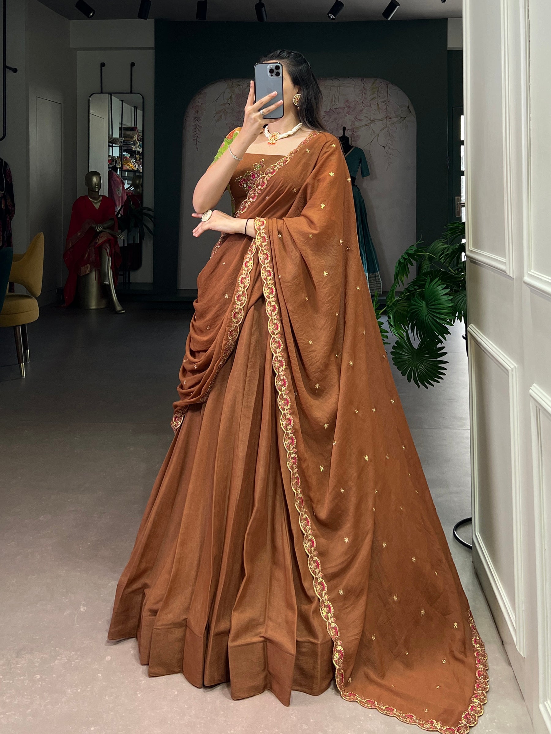 Brown Chocolate Crush Silk Plain Lehenga Choli Set