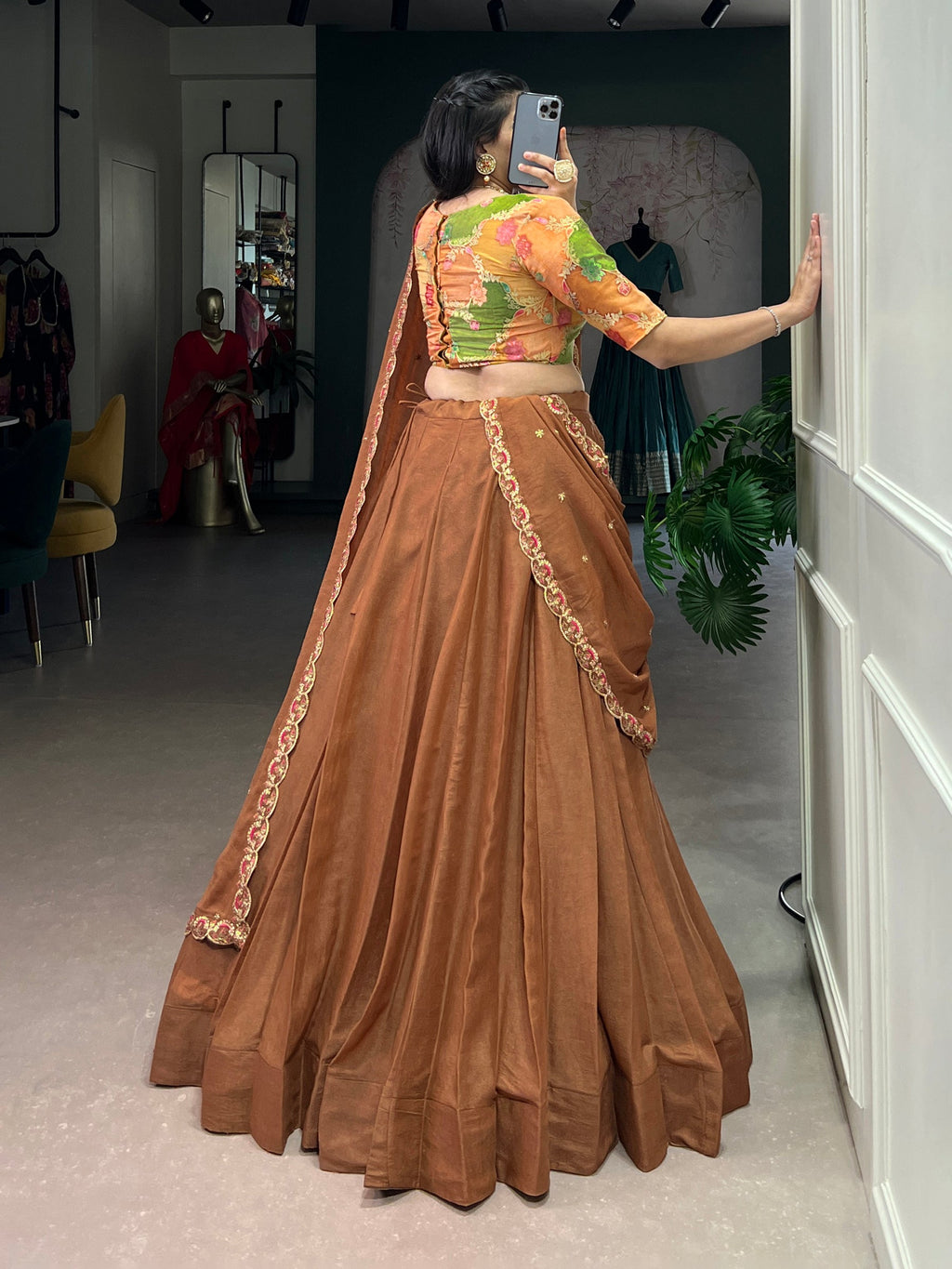 Brown Chocolate Crush Silk Plain Lehenga Choli Set