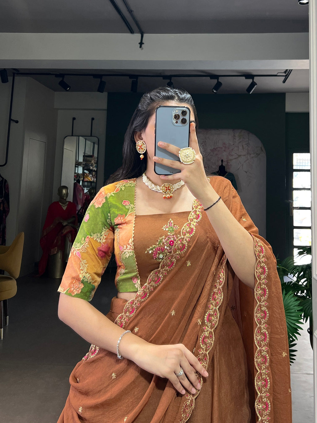 Brown Chocolate Crush Silk Plain Lehenga Choli Set