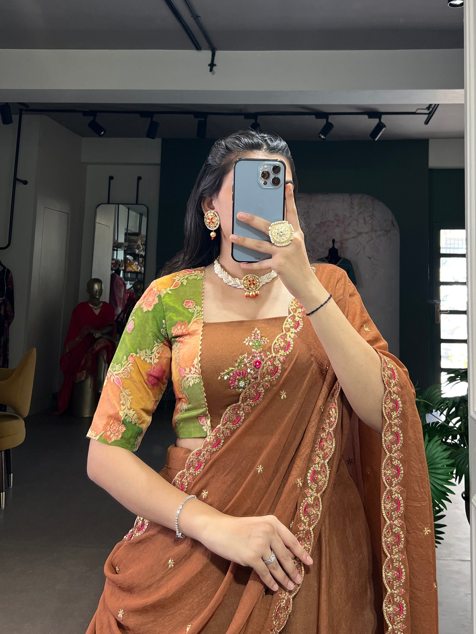 Brown Chocolate Crush Silk Plain Lehenga Choli Set