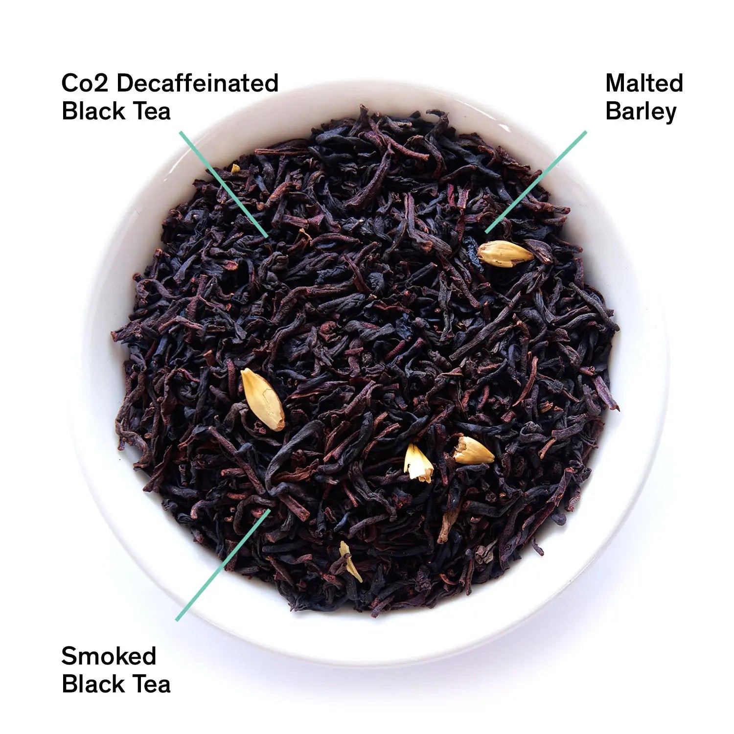 A bowl of dry loose leaf Decaf Low Country tea featuring black tea leaves and malted barley next to the product packaging.