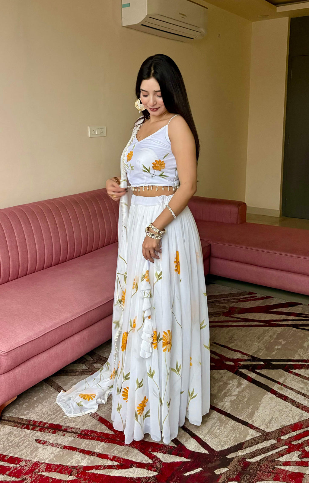 White Organza Lehenga Choli with Hand-painted Floral Design