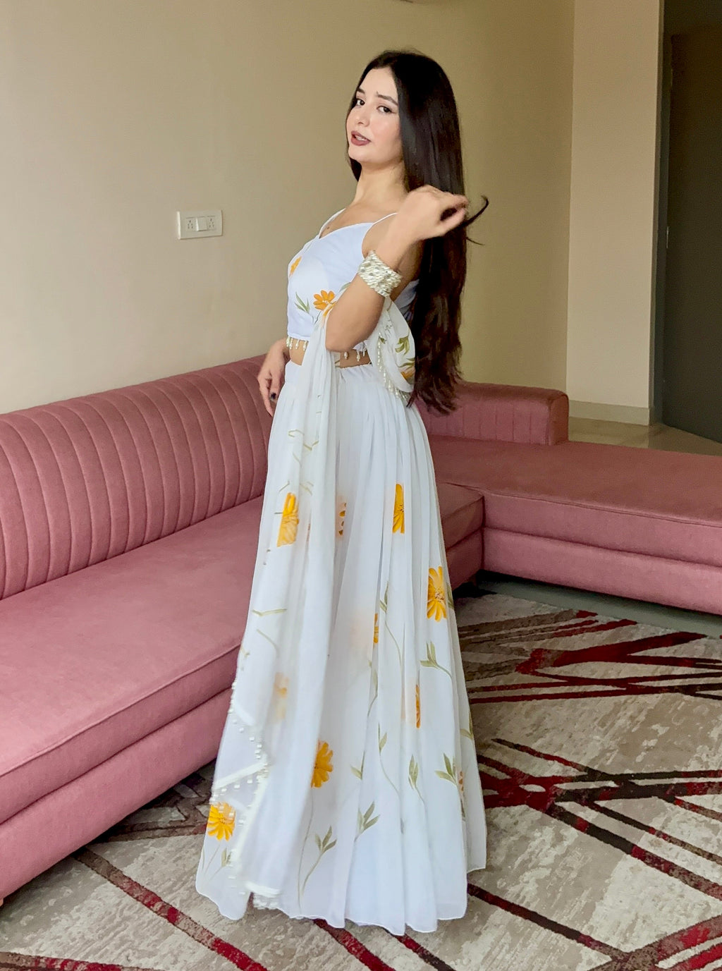 White Organza Lehenga Choli with Hand-painted Floral Design