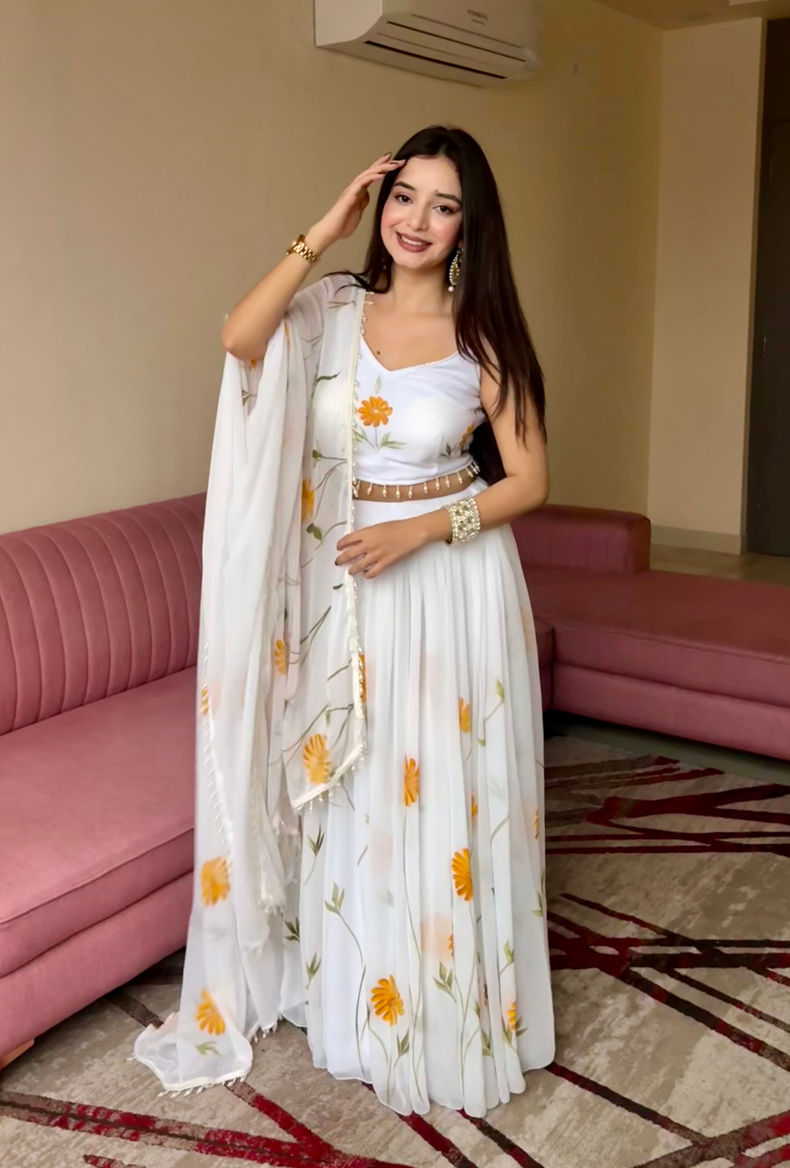 White Organza Lehenga Choli with Hand-painted Floral Design