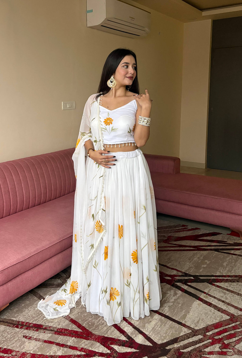 White Organza Lehenga Choli with Hand-painted Floral Design