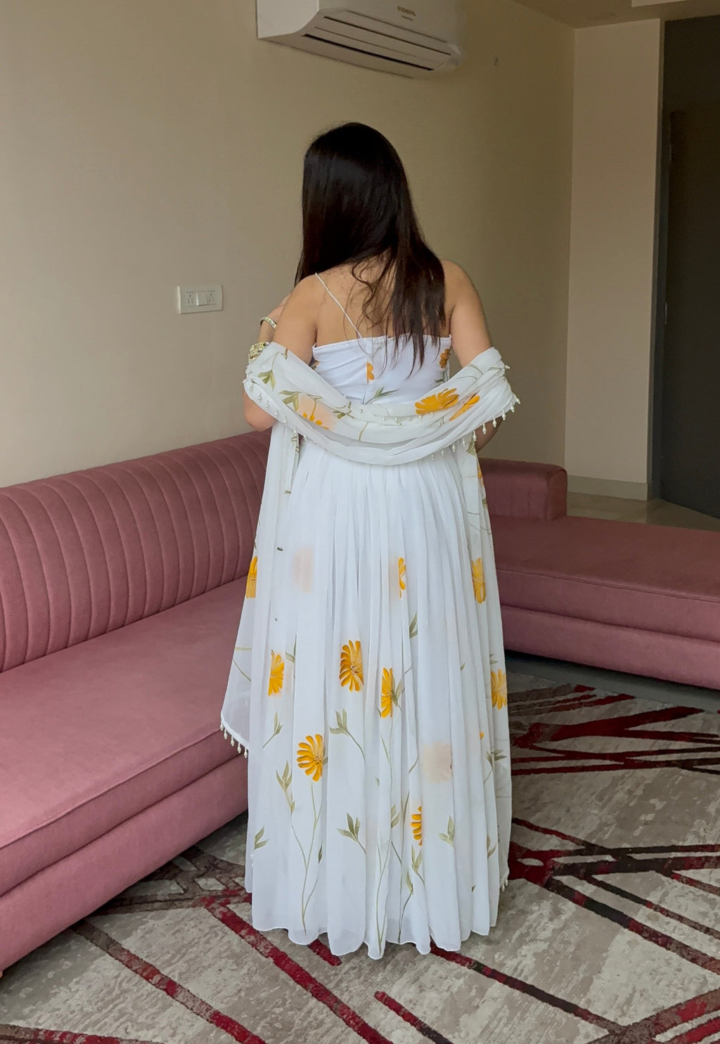 White Organza Lehenga Choli with Hand-painted Floral Design