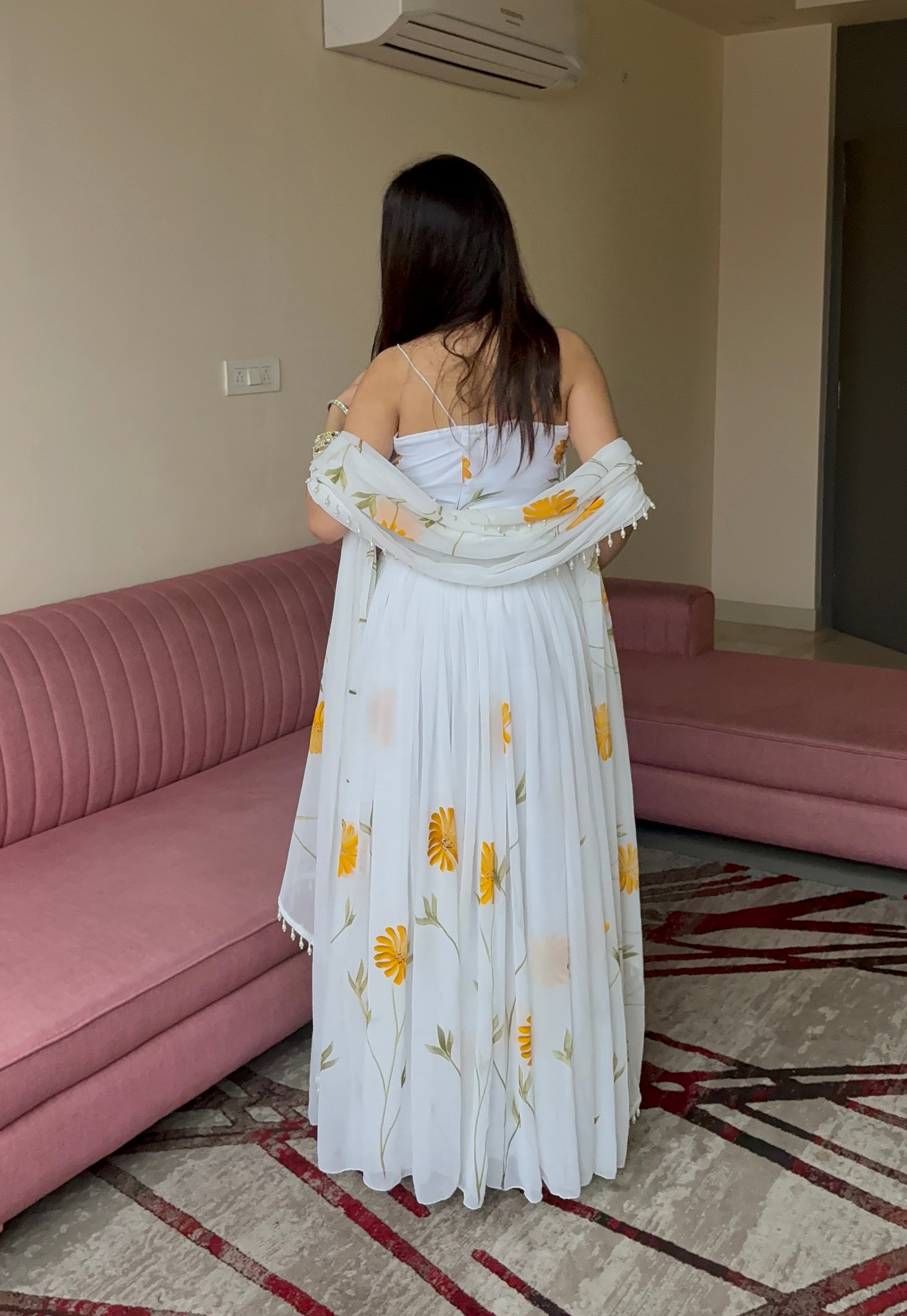 White Organza Lehenga Choli with Hand-painted Floral Design