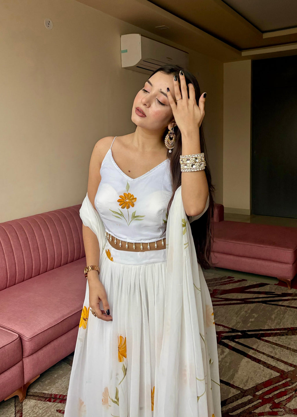 White Organza Lehenga Choli with Hand-painted Floral Design