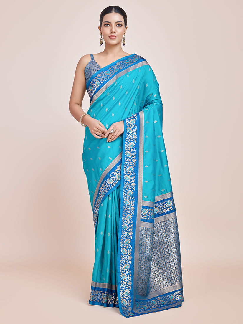 Sky blue Banarasi silk saree with golden zari embroidery