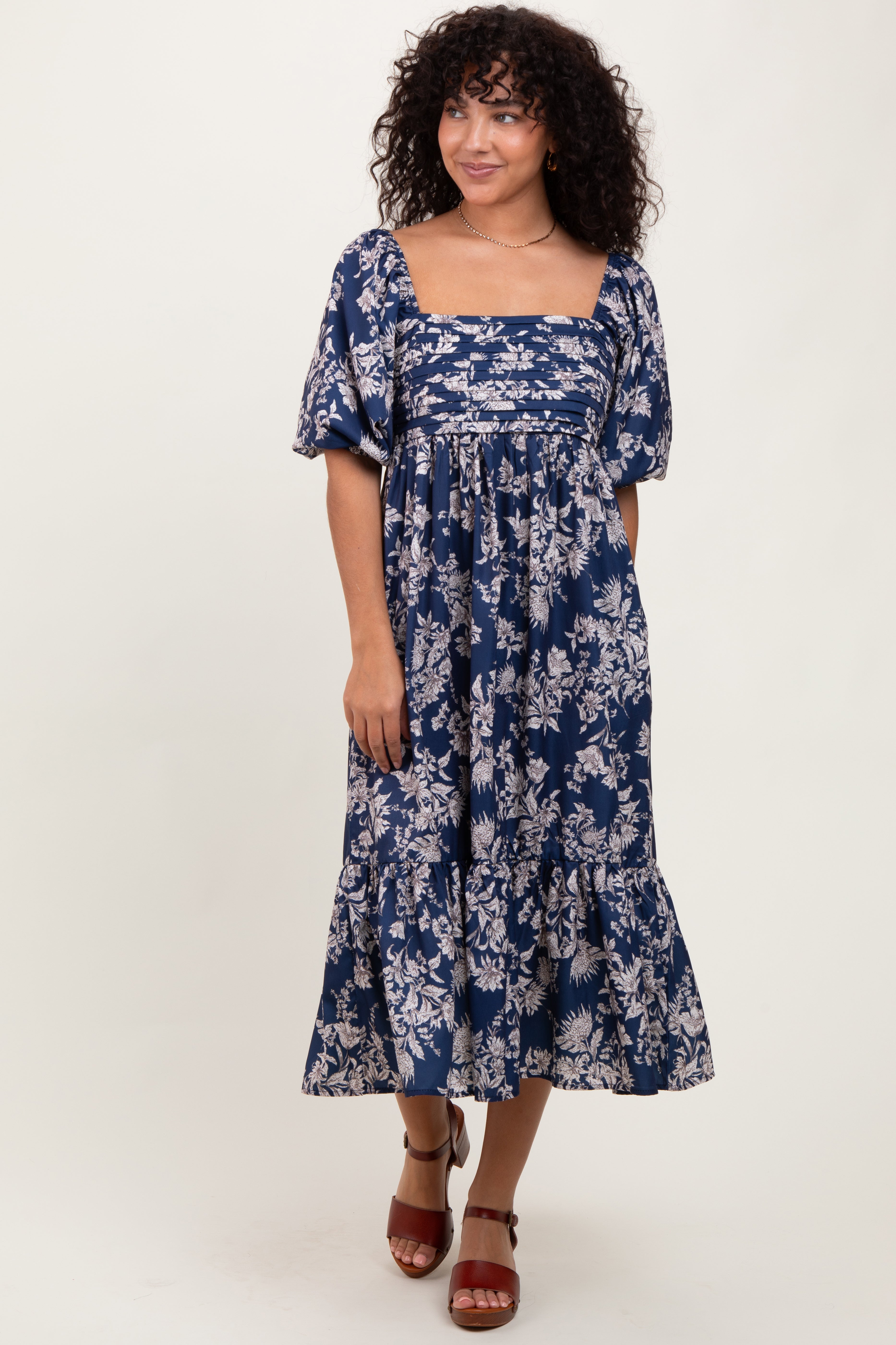 Light Navy Floral Pleated Bodice Midi Dress