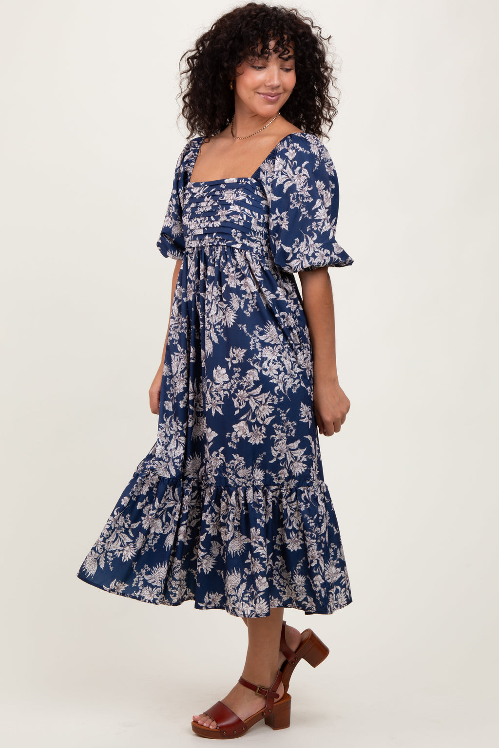 Light Navy Floral Pleated Bodice Midi Dress