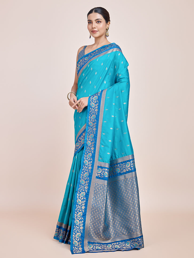Sky Blue Banarasi Silk Saree with Elegant Golden Zari Work