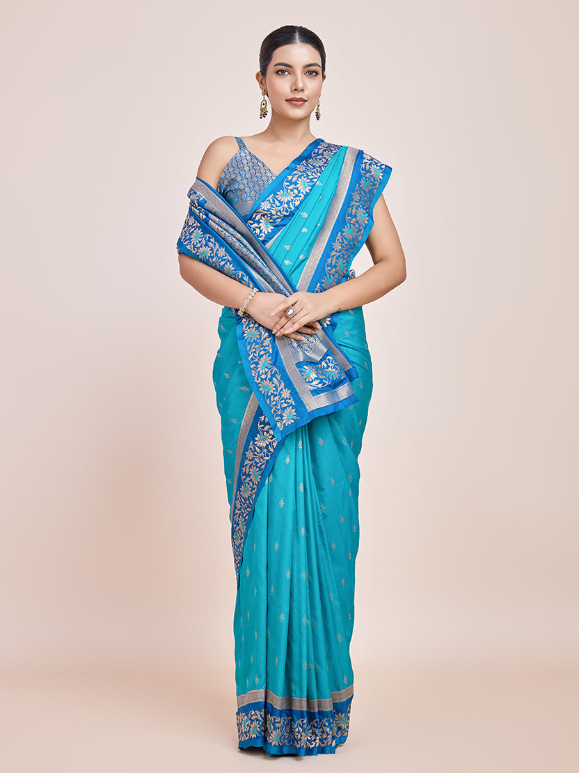 Sky Blue Banarasi Silk Saree with Elegant Golden Zari Work