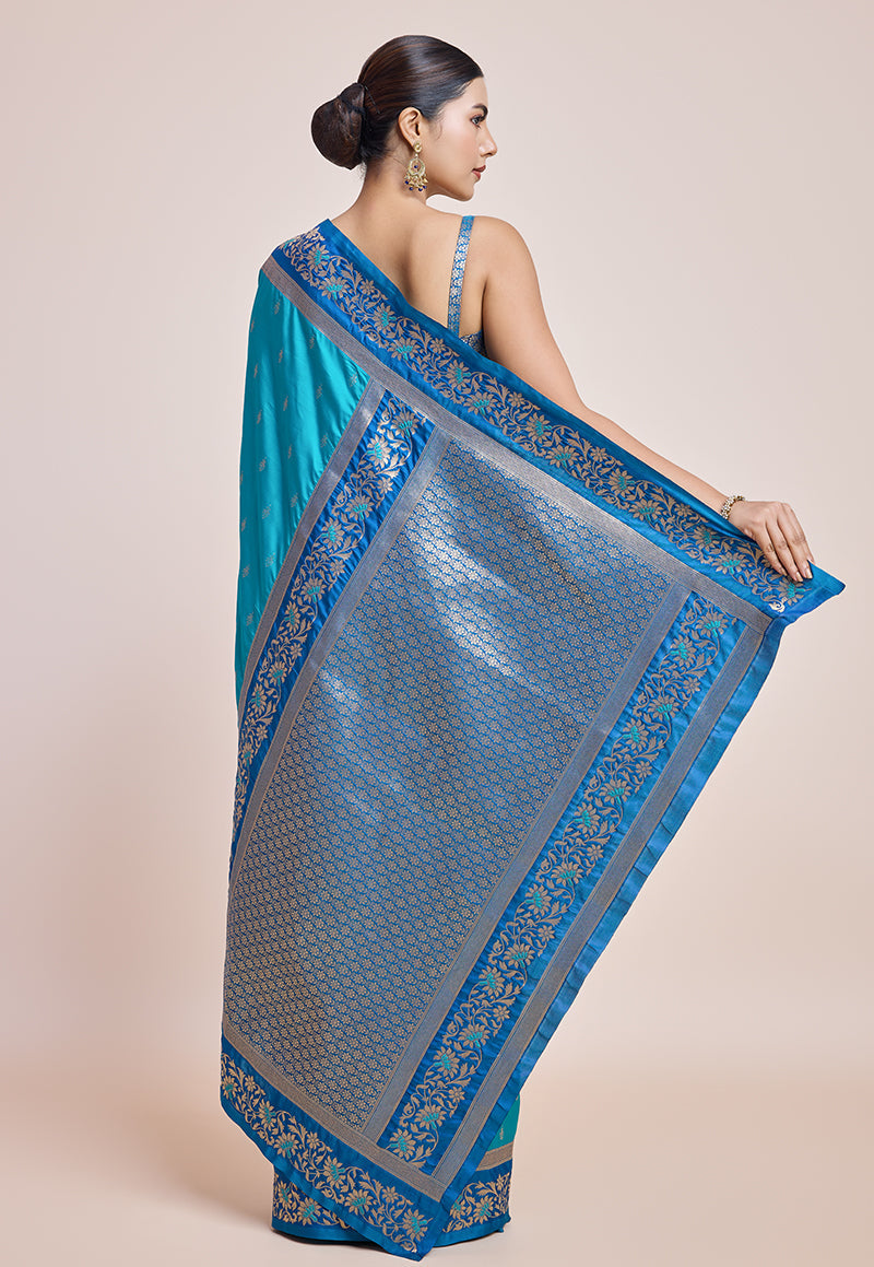 Sky Blue Banarasi Silk Saree with Elegant Golden Zari Work