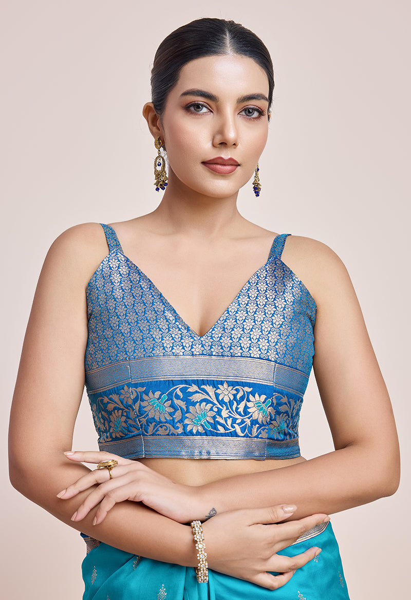Sky Blue Banarasi Silk Saree with Elegant Golden Zari Work