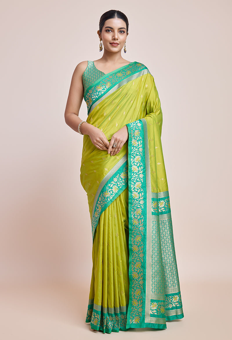 Parrot Green Banarasi Silk saree with detailed golden zari border and satin finish
