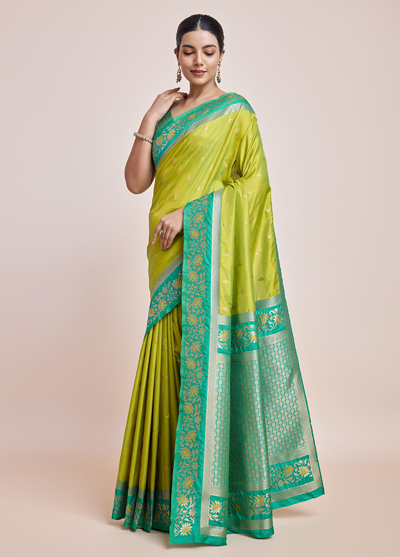 Parrot Green Banarasi Silk Saree with Golden Zari Embellishments