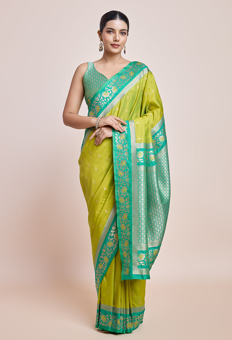 Parrot Green Banarasi Silk Saree with Golden Zari Embellishments