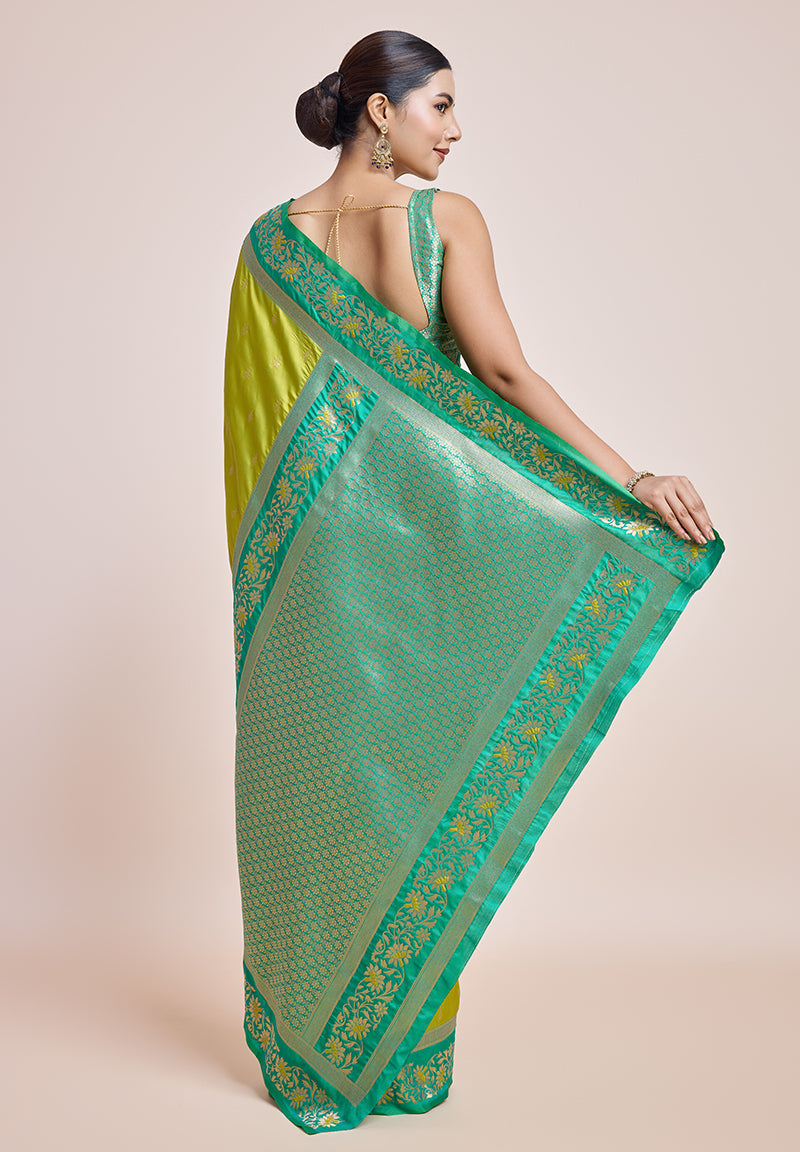 Parrot Green Banarasi Silk Saree with Golden Zari Embellishments
