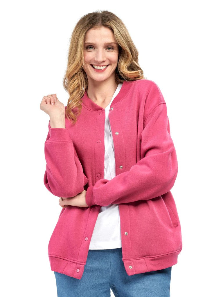 Women's snap-up jacket with stand collar and patch pockets in solid color finish