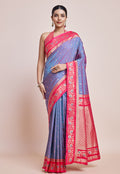Violet Banarasi Silk saree with fuchsia pink border and golden zari geometric pattern