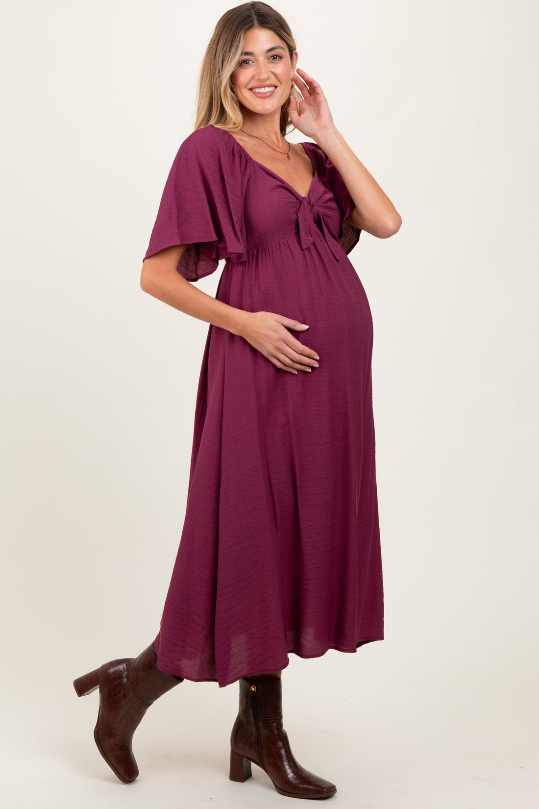 Plum Front Tie Ruffle Sleeve Maternity Midi Dress
