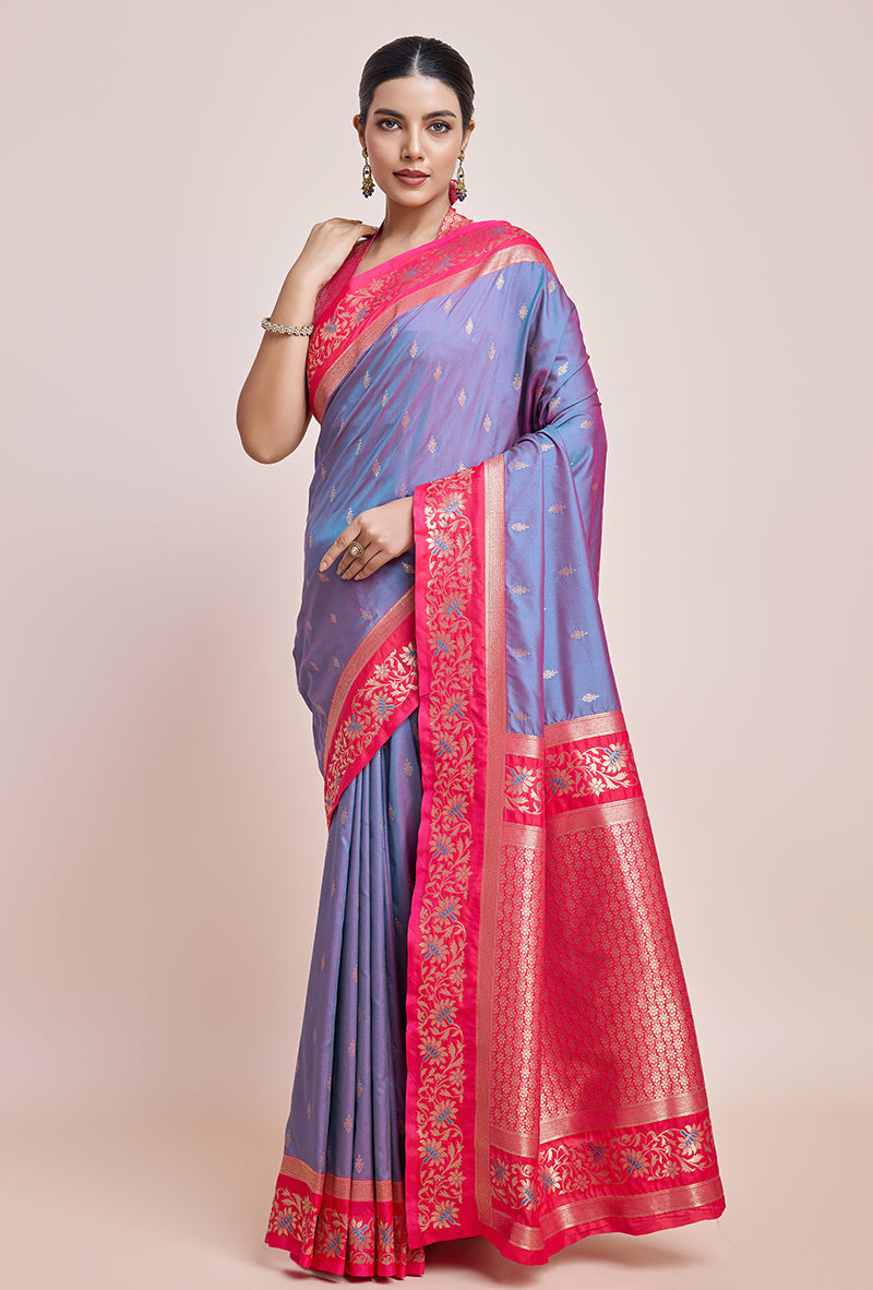Violet Banarasi Silk Saree with Fuchsia Border & Golden Zari Work