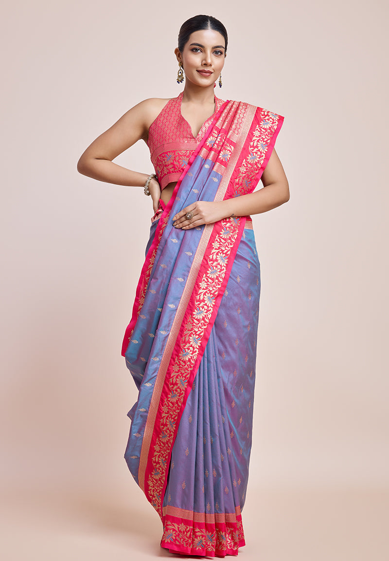 Violet Banarasi Silk Saree with Fuchsia Border & Golden Zari Work