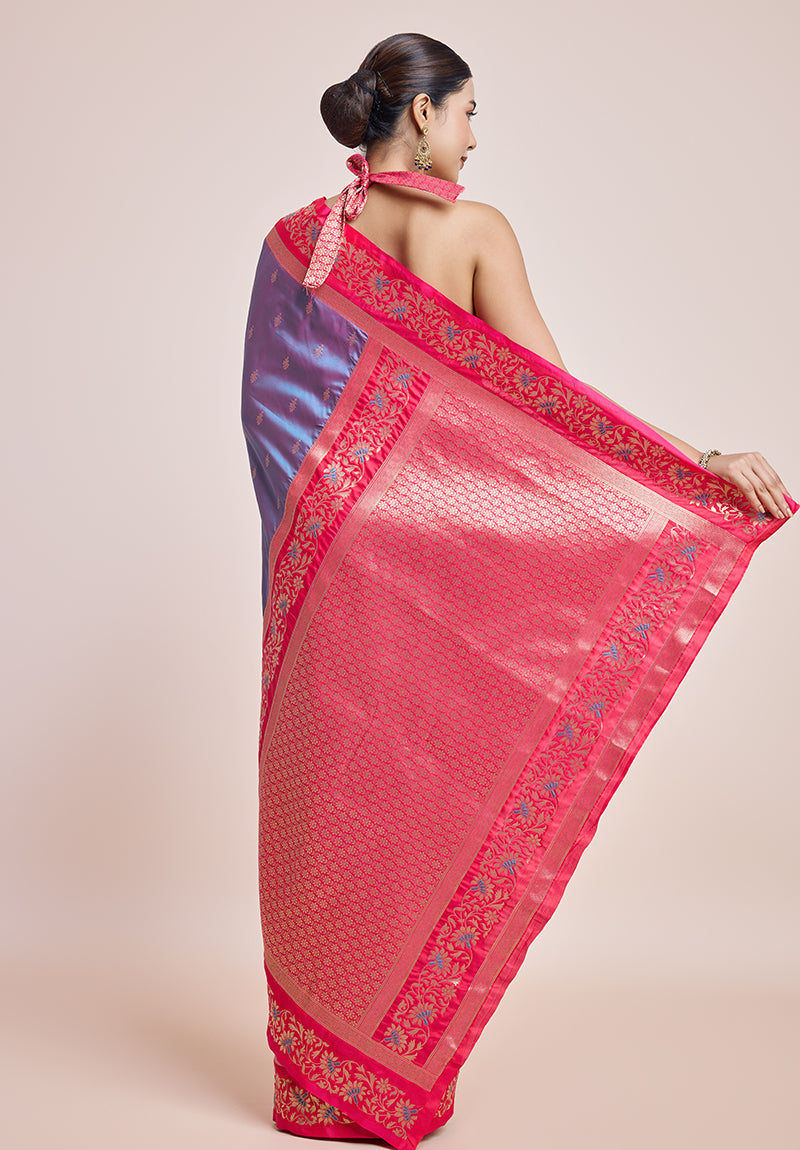 Violet Banarasi Silk Saree with Fuchsia Border & Golden Zari Work
