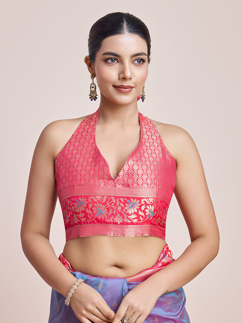 Violet Banarasi Silk Saree with Fuchsia Border & Golden Zari Work