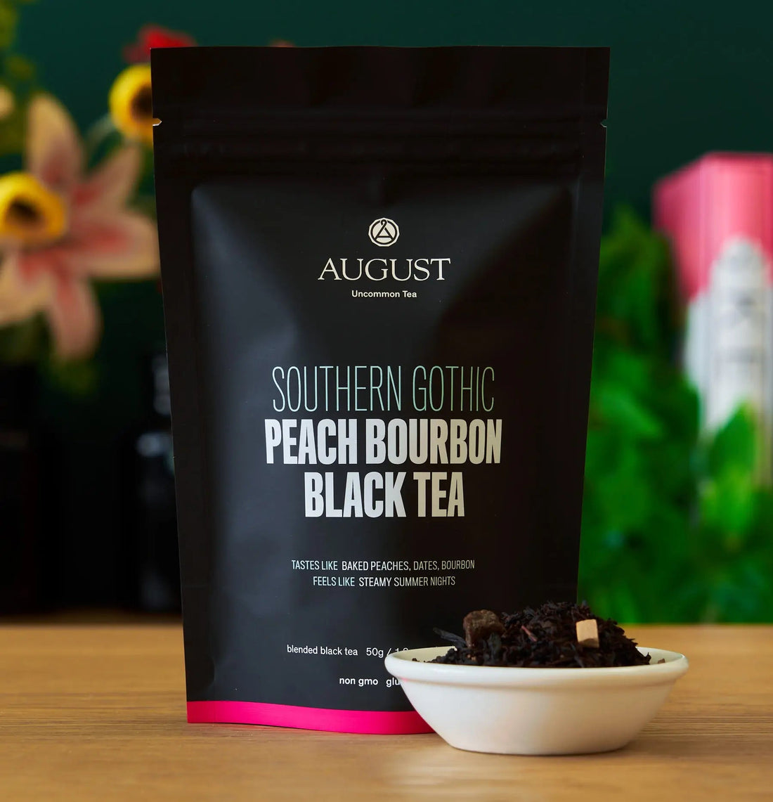 Southern Gothic peach bourbon black tea packaging featuring loose leaf tea in a bowl.