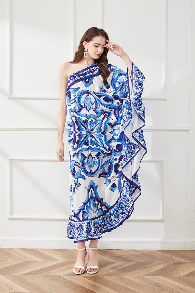 Spring Summer Asymmetric Design Slant Shoulder Print Loose Dress