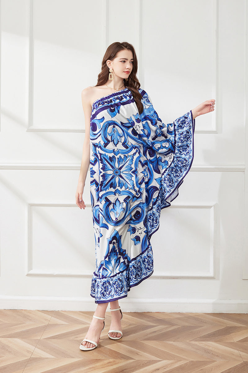 Spring Summer Asymmetric Design Slant Shoulder Print Loose Dress