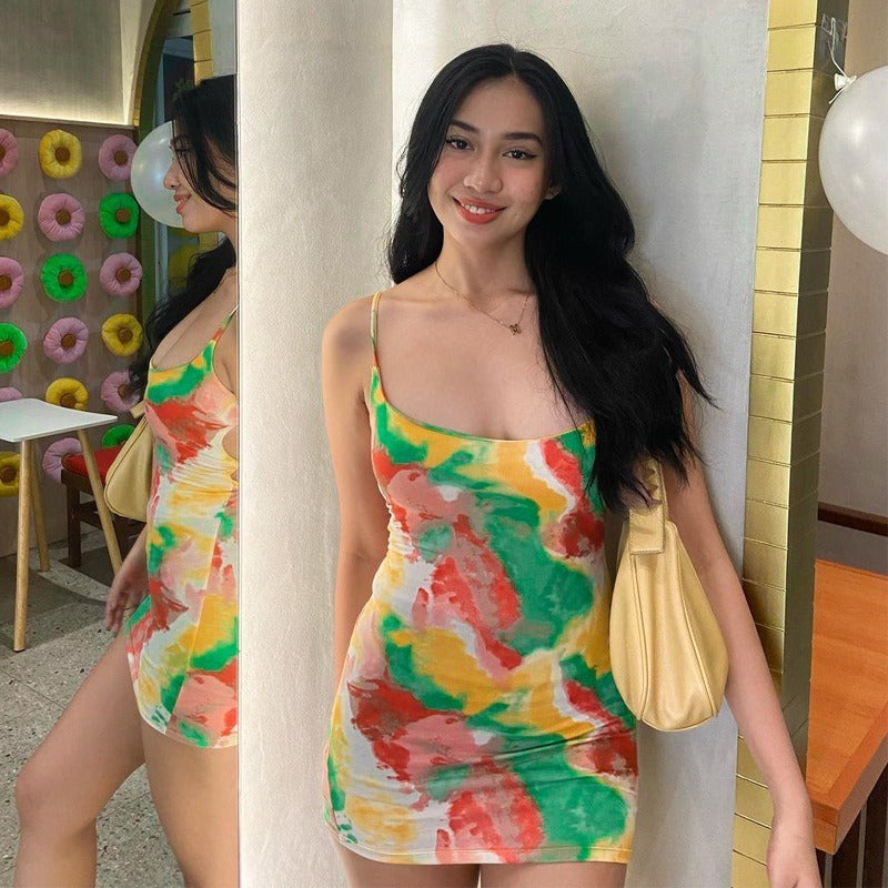 New Tie-Dye Hook-Front Bodycon Mini Dress with Straps