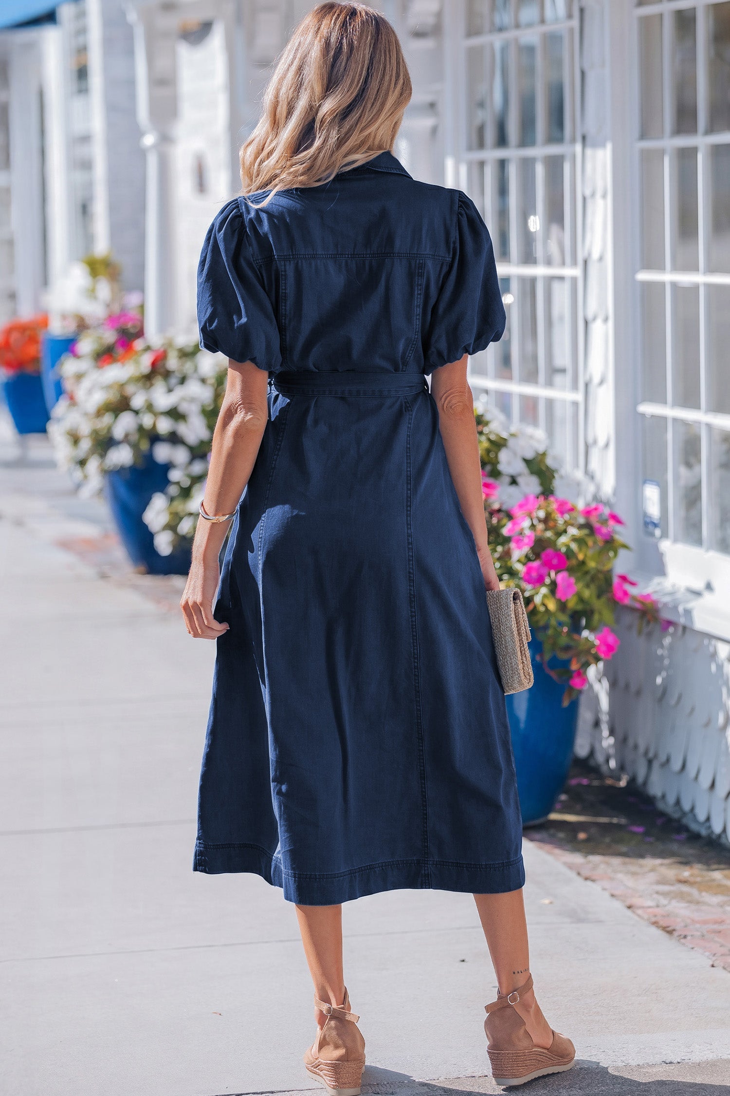 Makayla Bubble Sleeve Denim Button Down Midi Dress in Dark Blue