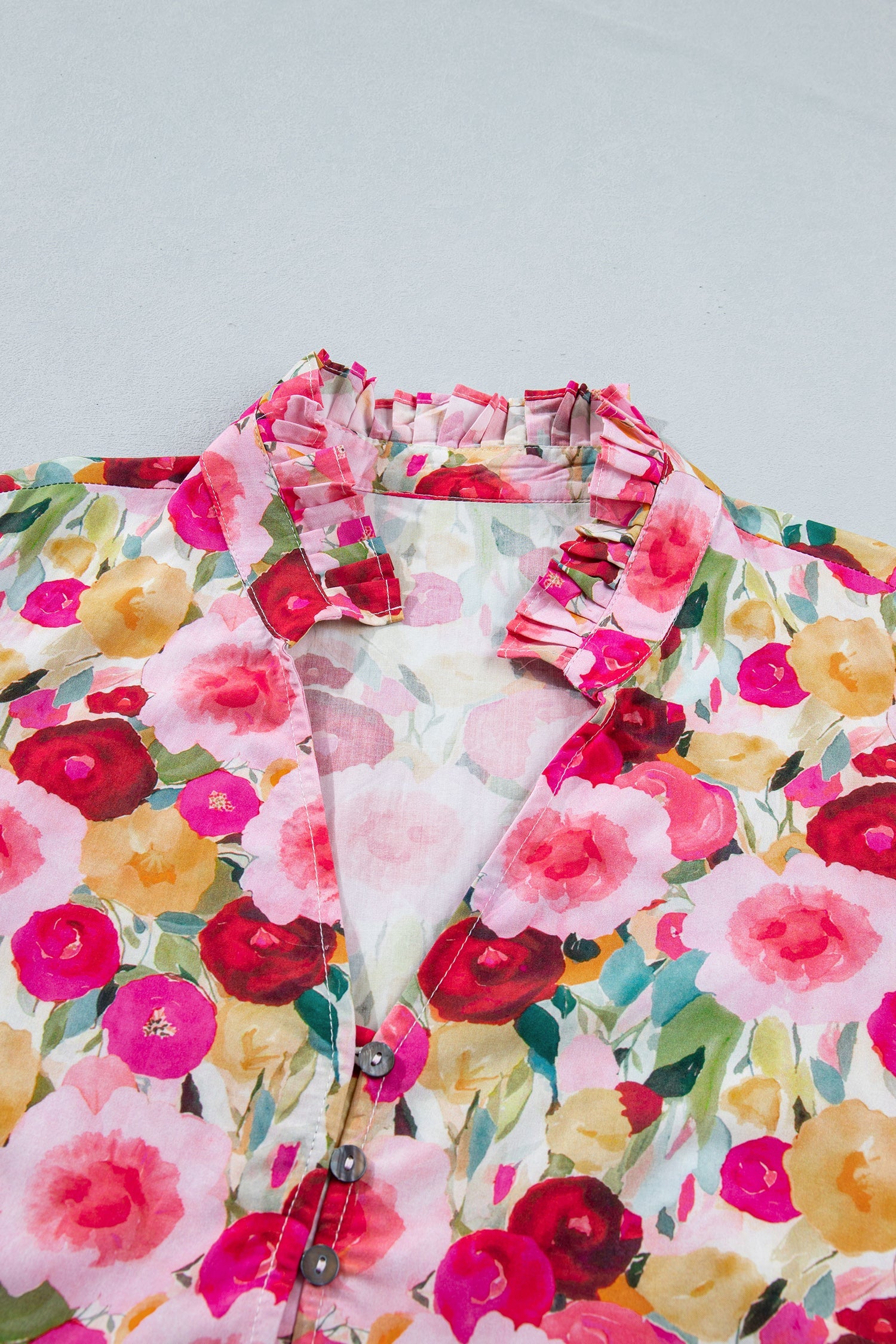 Oaklynn Puff Short Sleeve Floral V-Neck Top in Pink Red Yellow