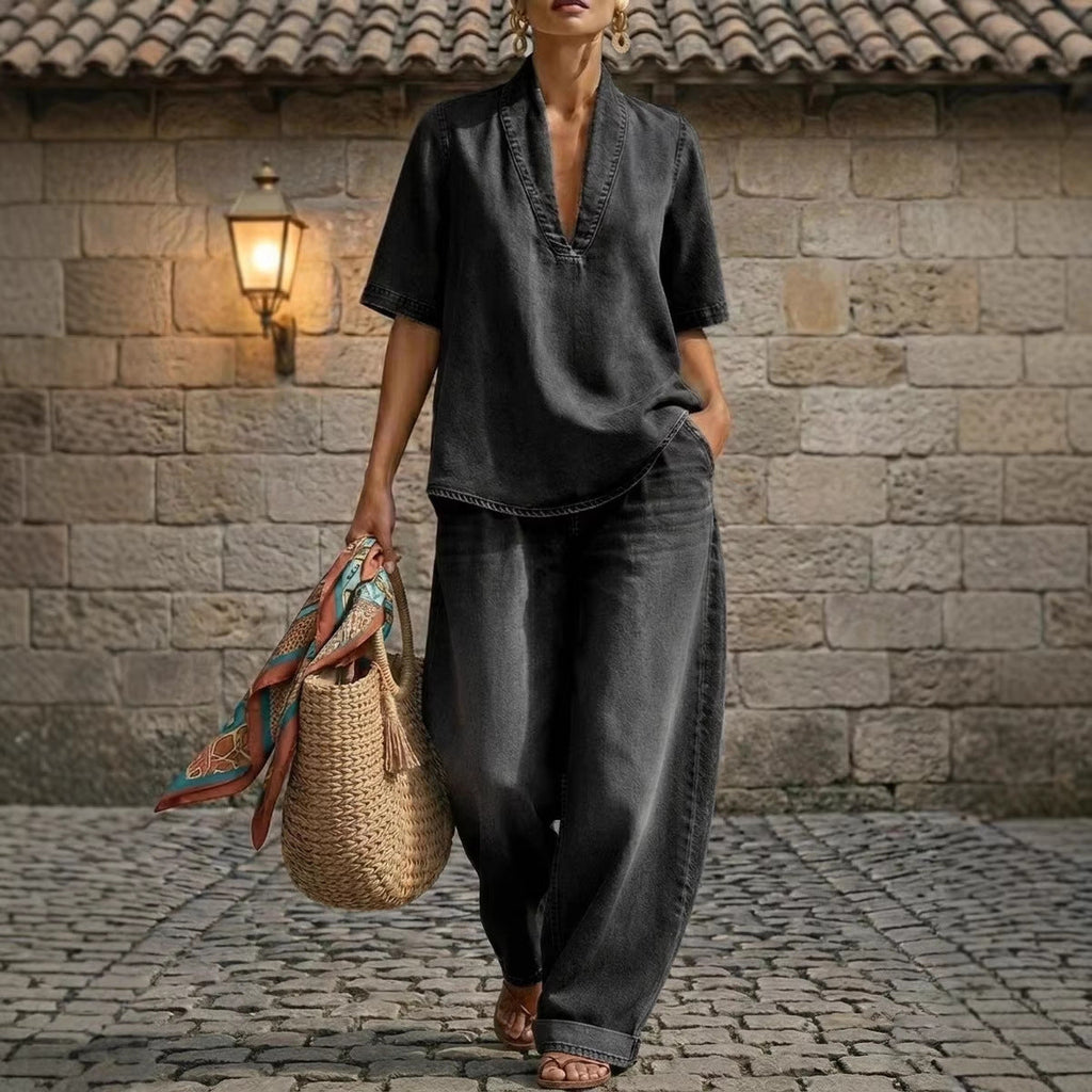 Washed Denim V-Neck Top and Wide-Leg Pants Set - Image 5