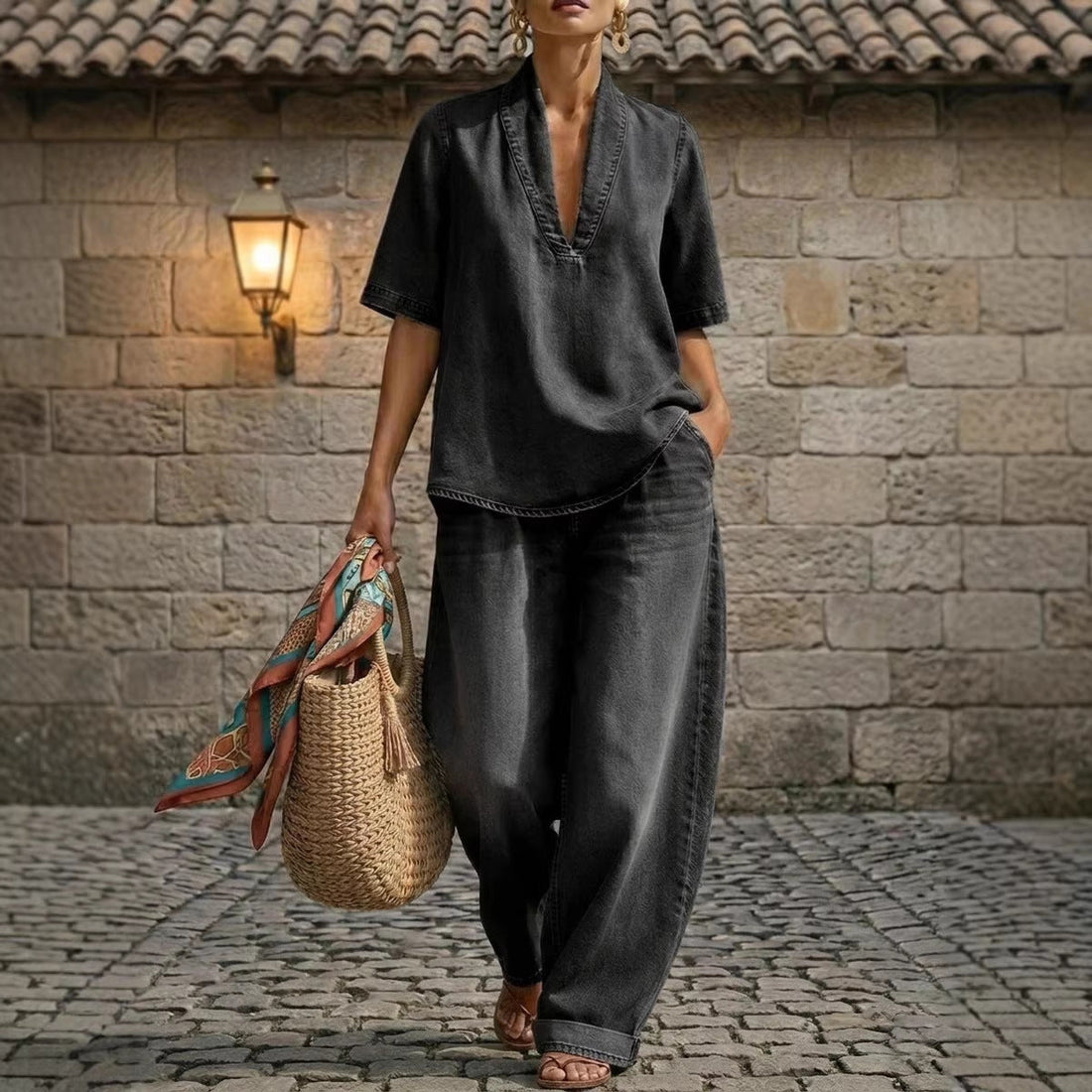 Washed Denim V-Neck Top and Wide-Leg Pants Set - Image 5