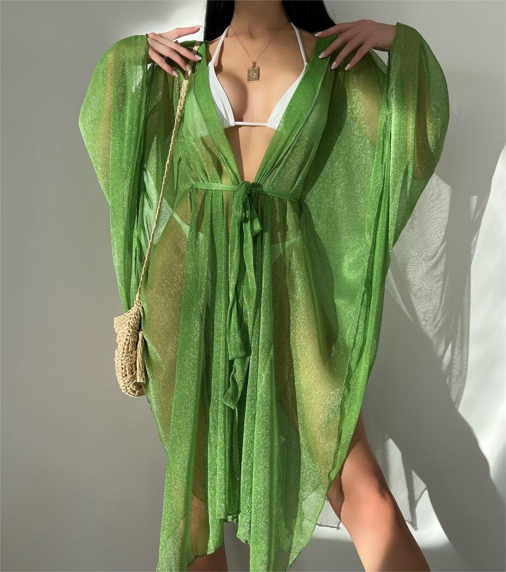 Sexy Deep V Plunge Blouse Beach Seaside Sun Protection Shirt Casual Loose Lace Up