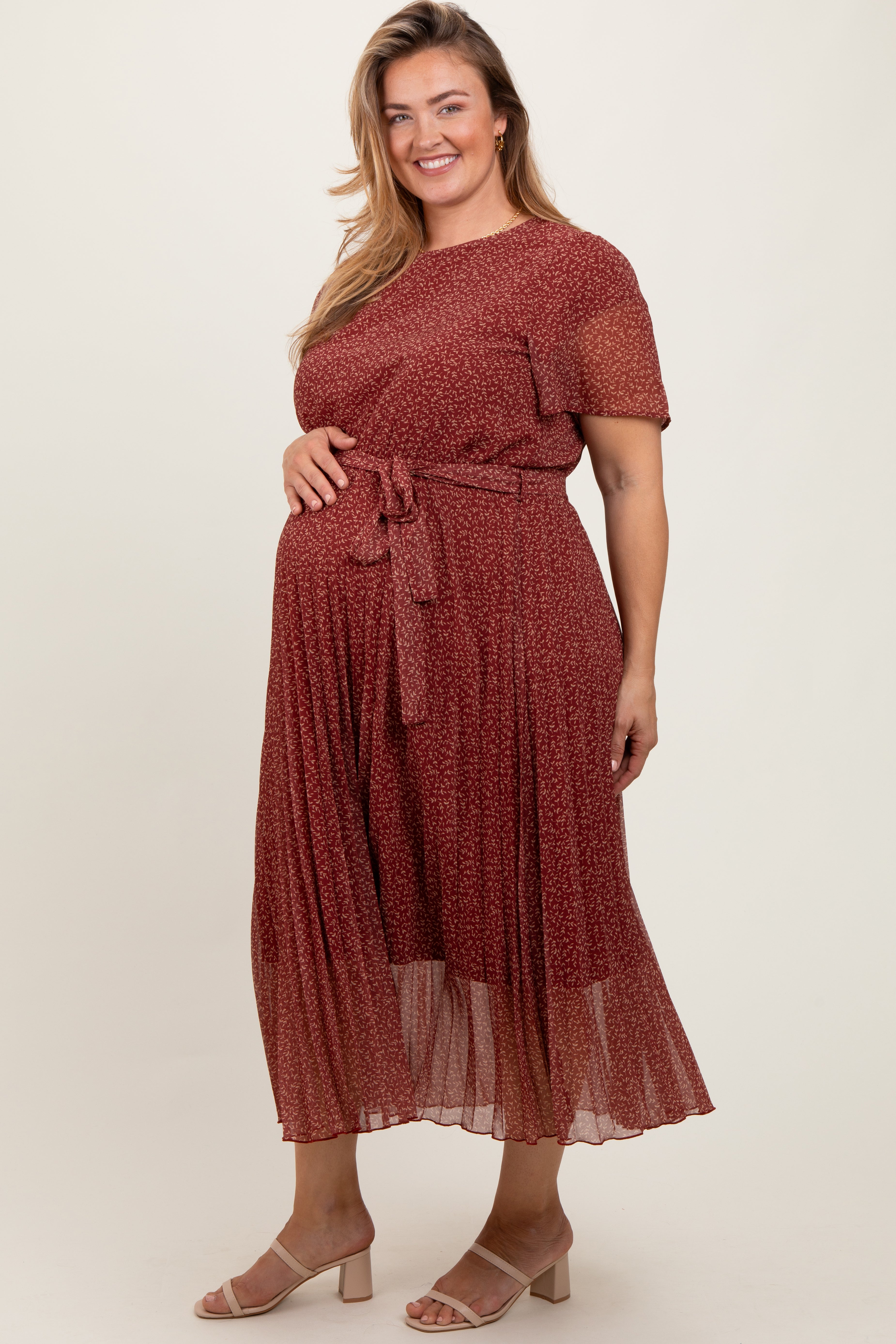 Rust Printed Sash Tie Pleated Maternity Plus Midi Dress