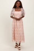 Light Pink Floral Mesh Overlay Tie Back Midi Dress
