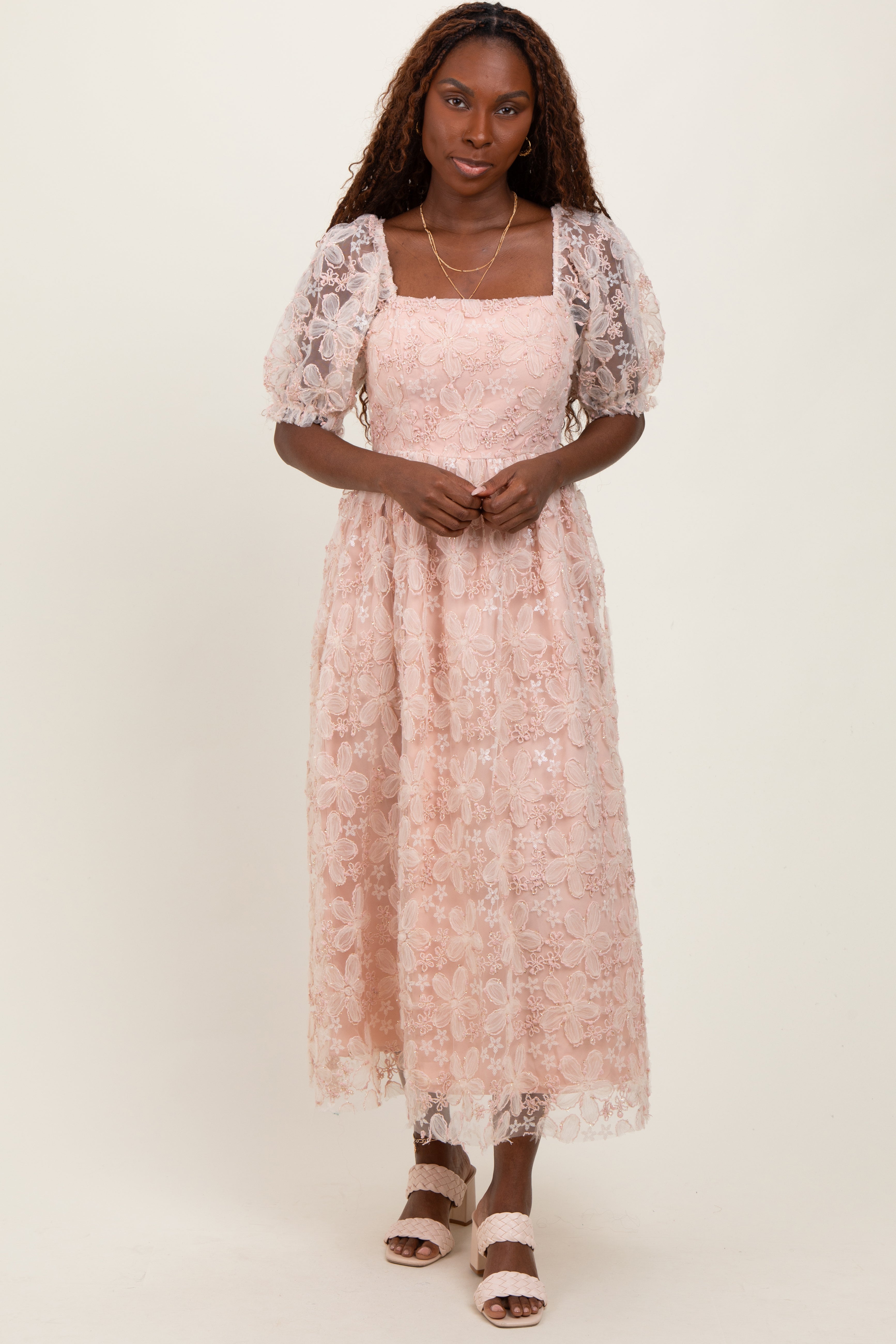 Light Pink Floral Mesh Overlay Tie Back Midi Dress