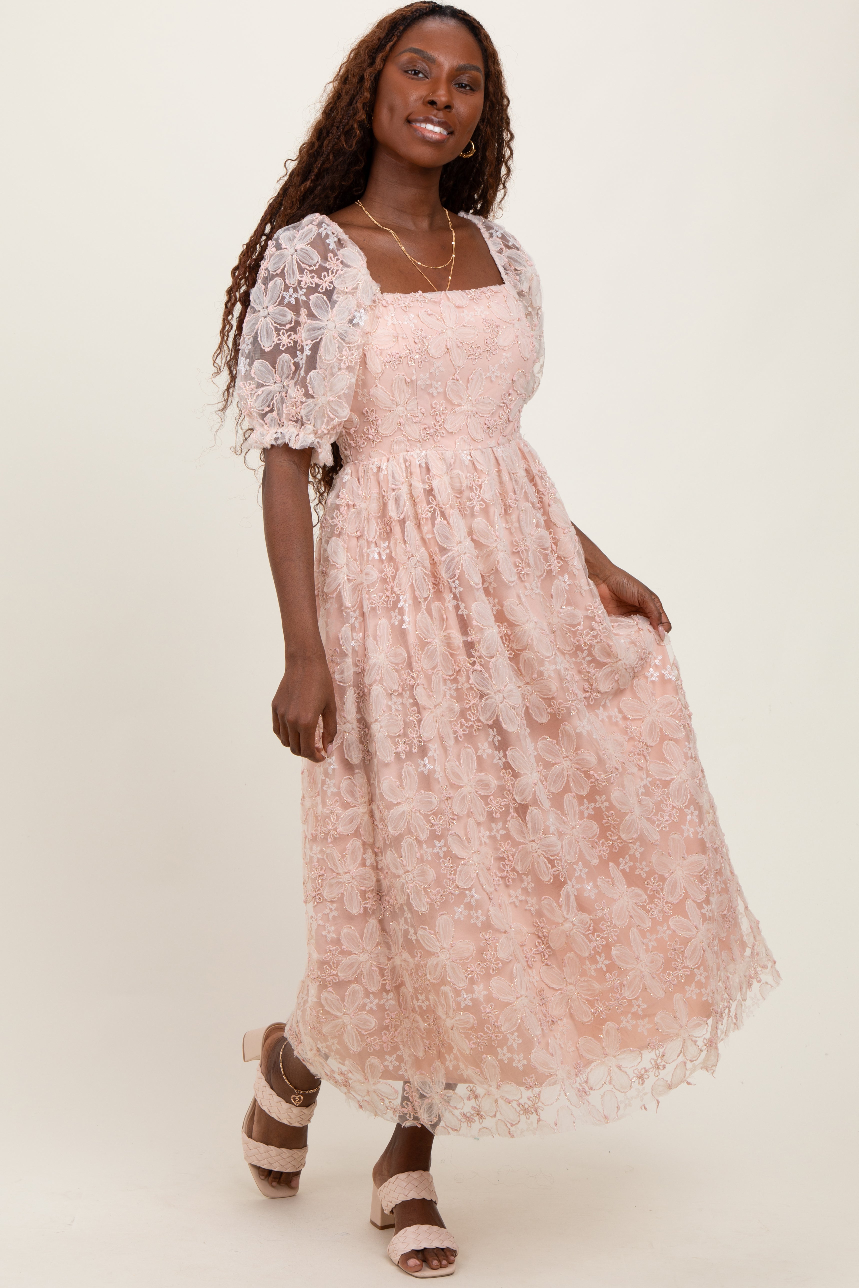 Light Pink Floral Mesh Overlay Tie Back Midi Dress