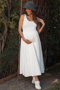 White scoop neck maternity maxi dress with contrast skirt